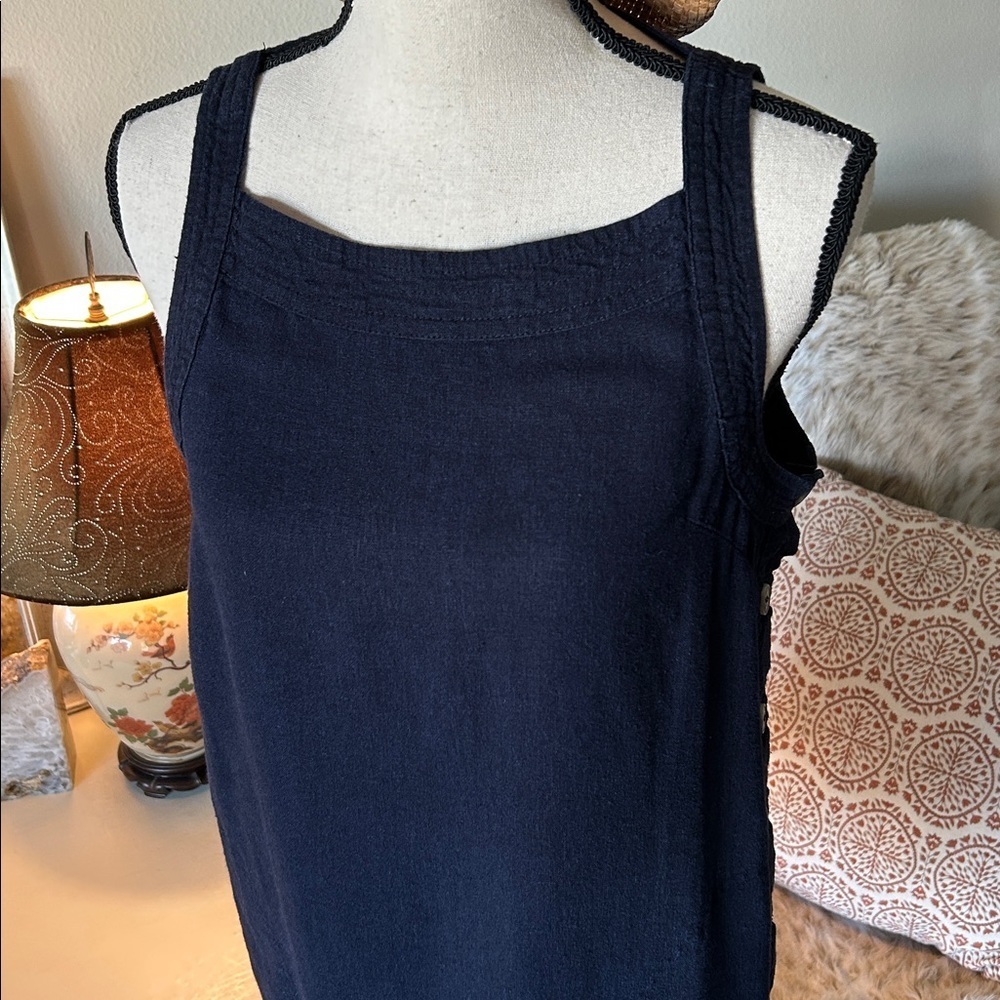 For Cynthia linen navy Boho lagenlook cottage minimalist mini dress S oversized - Picture 2 of 12